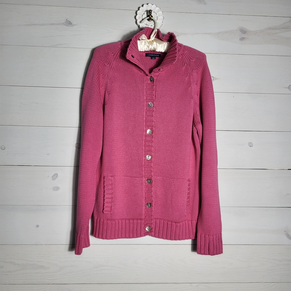 Land's End Cardigan Sweater Cotton Classic Preppy Pink.